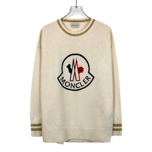 Moncler White Wool Crewneck Sweater With Gold Accents & Logo Embroidery S